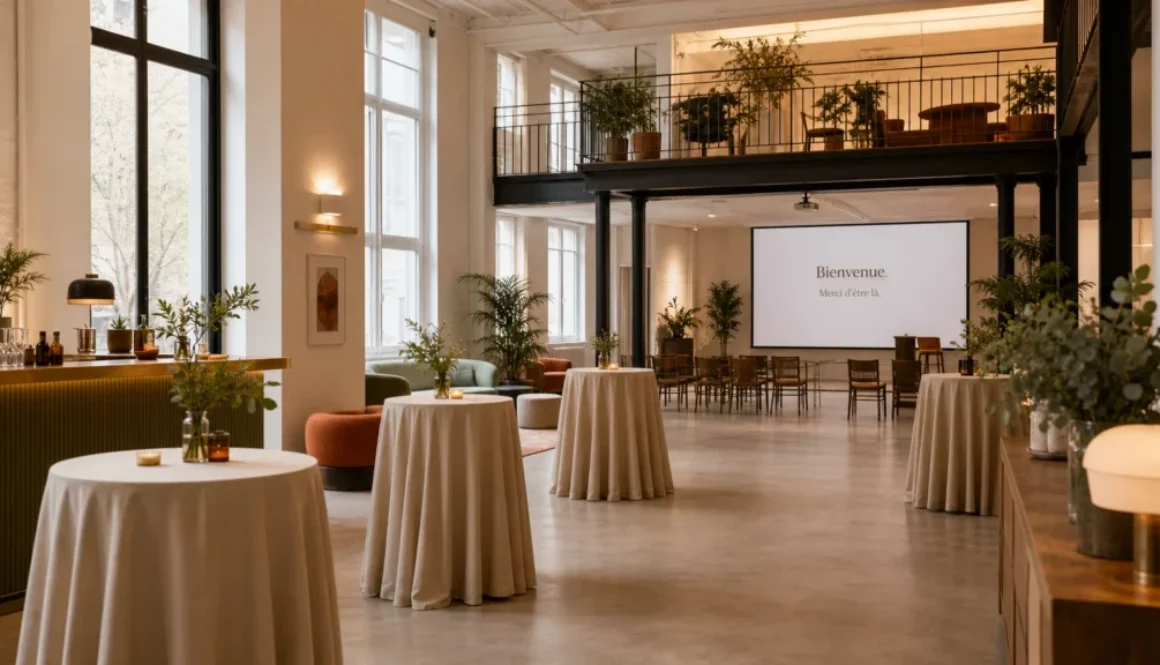 Loft événementiel privatisable aménagé pour une réception professionnelle à Paris