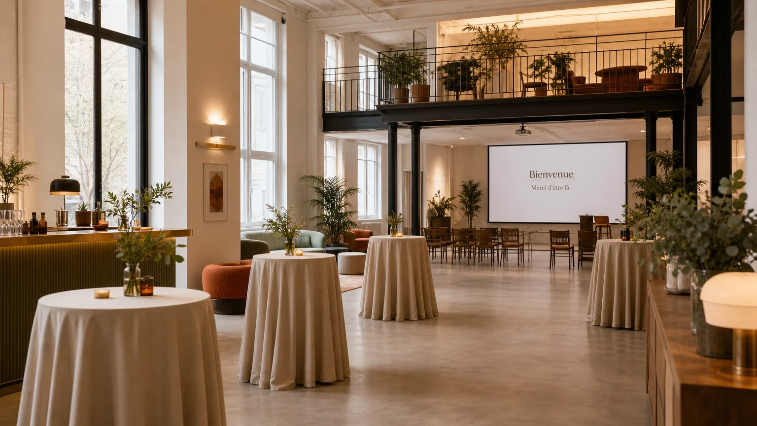 Loft événementiel privatisable aménagé pour une réception professionnelle à Paris