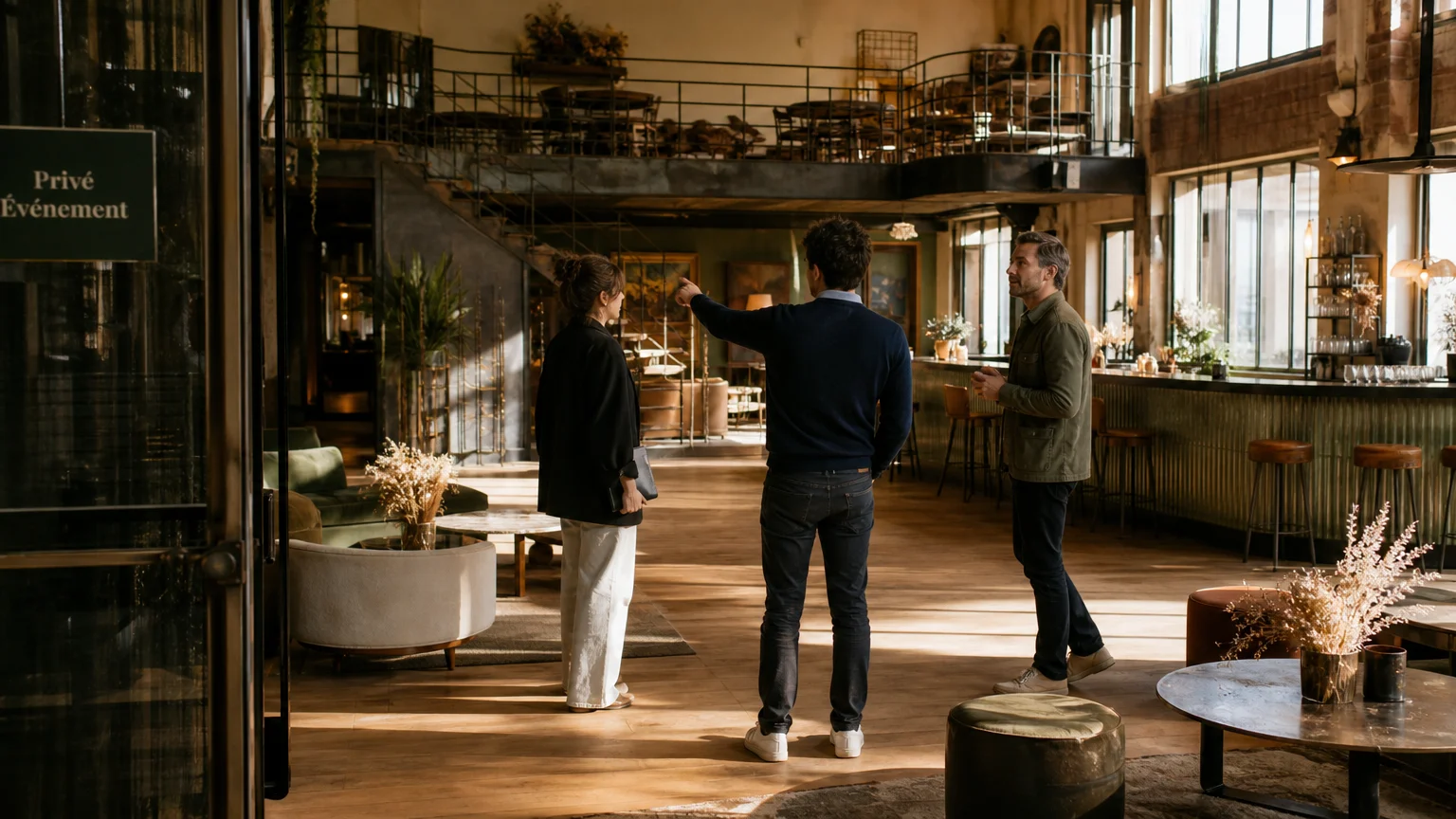 Visite d’un loft événementiel avant une réception professionnelle à Paris