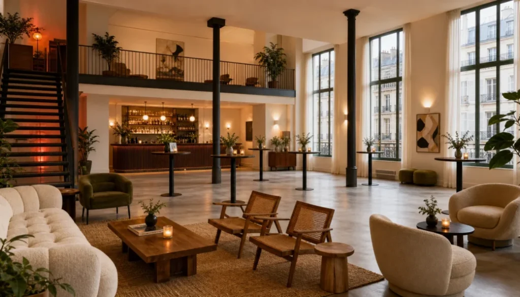 Vue éditoriale d’un espace événementiel contemporain à Paris, aménagé pour une réception professionnelle